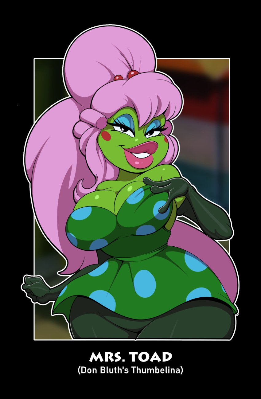 1girls amphibian anthro bedroom_eyes big_breasts big_lips blue_eyeshadow breasts cleavage curvaceous curvy curvy_figure don_bluth elbow_gloves eyeshadow female female_only green_body green_skin hips hyper_bimbo imadeej large_breasts lips long_hair looking_at_viewer makeup mature_female milf mother mrs._toad pink_hair pink_lips pink_lipstick seductive seductive_eyes seductive_look seductive_mouth seductive_smile smile smiling smiling_at_viewer solo solo_female solo_focus thick_lips thumbelina_(1994_film) tied_hair toad voluptuous wide_hips