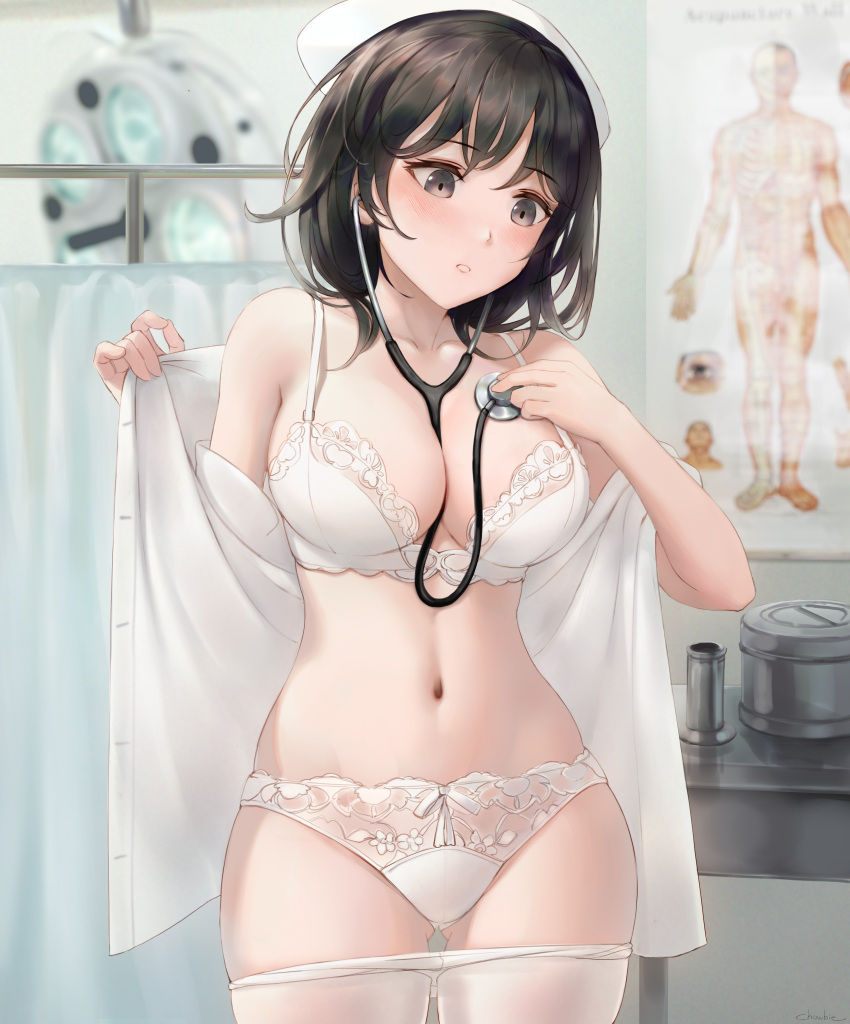 1girls absurdres bangs bare_shoulders between_breasts black_eyes black_hair blush bow_panties bra breasts chowbie cleavage female female_only gluteal_fold highres hospital indoors lace-trimmed_bra lace_panties large_breasts light-skinned_female midriff navel nurse nurse_cap off_shoulder original panties pantyhose pantyhose_pull parted_lips revision shirt solo solo_female standing stethoscope stethoscope_to_breast thighs underwear white_bra white_legwear white_panties white_shirt