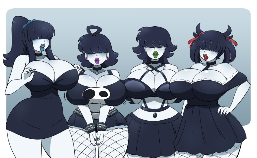 4girls ahoge bangs_over_eyes big_breasts bimbo black_hair blue_lipstick breasts_bigger_than_head cleavage earrings fishnets goth green_lipstick hair_over_eyes huge_ass huge_breasts kobi-tfs lips lipstick long_hair multiple_girls navel pale-skinned_female pale_skin ponytail purple_lipstick red_lipstick short_hair tagme thick_thighs twintails white_body wide_hips