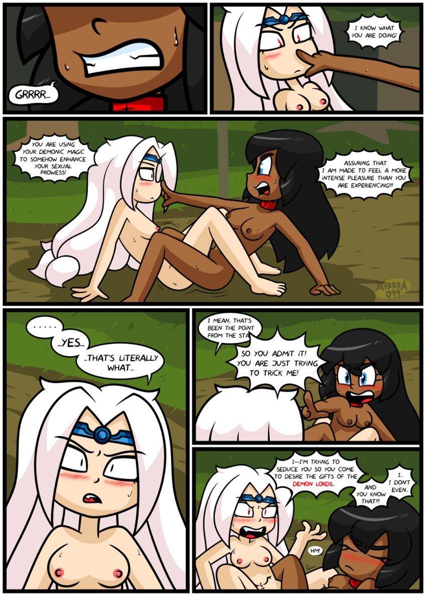 2girls angry ass black_hair blue_eyes blush breasts bright_darkness chocolate_and_vanilla clitoris closed_eyes comic comic_page command command_spell confusion control_collar dark-skinned_female dark_skin dialogue enchantment fangs female_focus female_only grinding hardcore headband headband_only interracial interracial_yuri legs_wrapped_around_partner light-skinned_female long_hair mad multiple_girls naked naked_female nipples nude nude_female outdoors pale-skinned_female pointing pointing_at_partner poking priestess pussy pussy_on_pussy realization red_eyes scissoring sex sitting_on_ground speech_bubble stomach_tattoo sweat sweaty text tribadism white_hair witch xierra099 yelling yuri