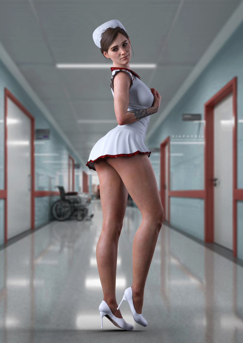 1girls 3d 3d_(artwork) alternate_breast_size alternate_version_available ass bare_legs bare_shoulders bare_thighs big_breasts brown_hair ellie_(the_last_of_us) ellie_williams female female_focus female_only freckles heels hi_res high_heels naughty_dog nurse nurse_cap nurse_uniform shoes short_hair short_skirt solo solo_female solo_focus sony_interactive_entertainment tattoo the_last_of_us the_last_of_us_2 thick_thighs tied_hair viaphobia