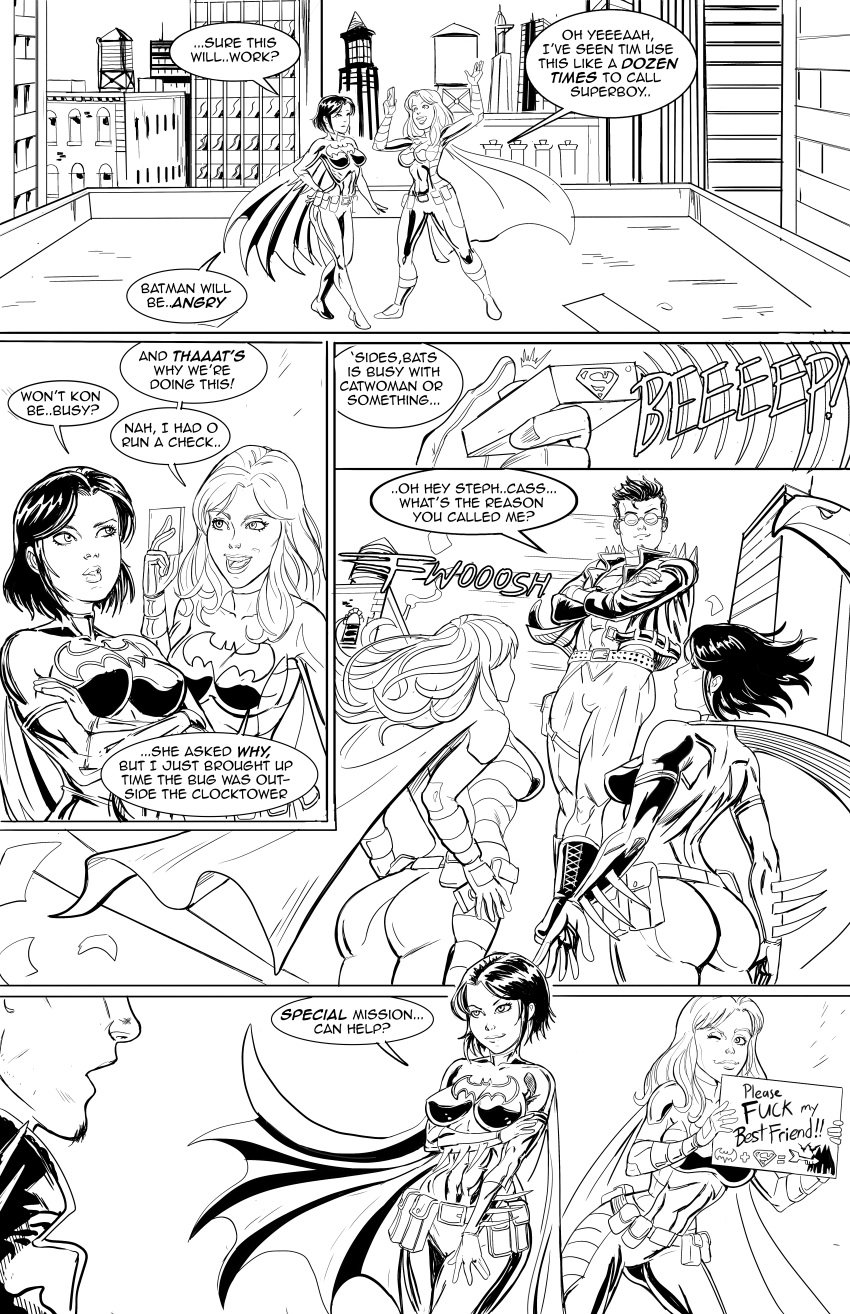 1boy 2girls ass ass_focus batgirl batgirl_(cassandra_cain) batgirl_(stephanie_brown) batman_(series) best_friends big_ass big_butt black_and_white black_hair cassandra_cain comic comic_page conner_kent dc dc_comics flying kon-el long_hair nipple_bulge short_hair sketchatron skyscraper spoiler_(dc) stephanie_brown superboy superman_(series)