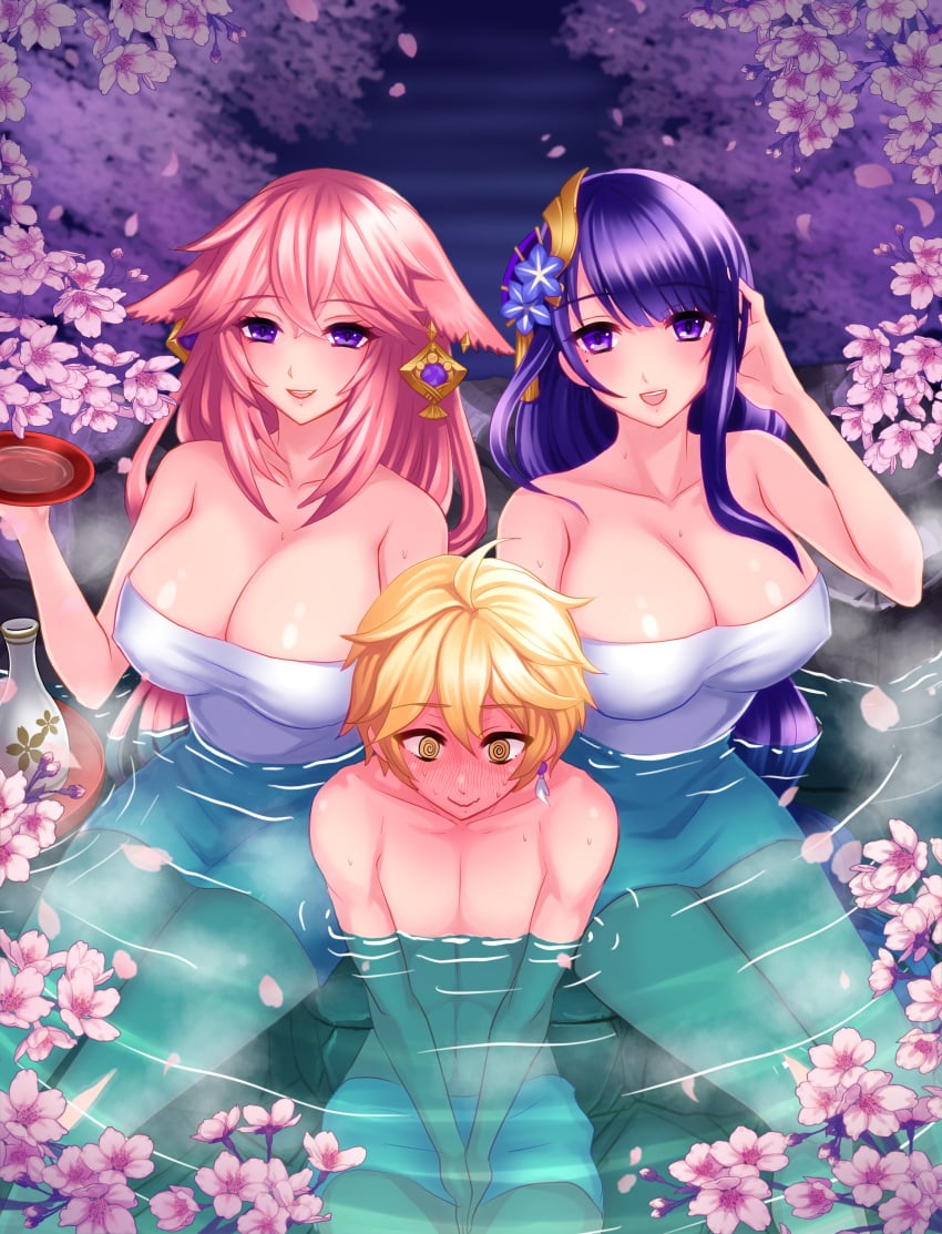 1boy 2girls aether_(genshin_impact) alcohol bath bathing blonde_hair blunt_bangs blush breasts cleavage closed_mouth eyebrows_visible_through_hair female ffm_threesome genshin_impact hair_between_eyes hand_up happy highres hot_spring hot_springs large_breasts male milf mixed_bathing multiple_females multiple_girls naked_towel nervous onsen open_mouth pink_hair purple_eyes purple_hair raiden_shogun sake shared_bathing shiny shiny_hair shiny_skin sitting smile threesome towel v_arms water white_towel yae_miko yellow_eyes