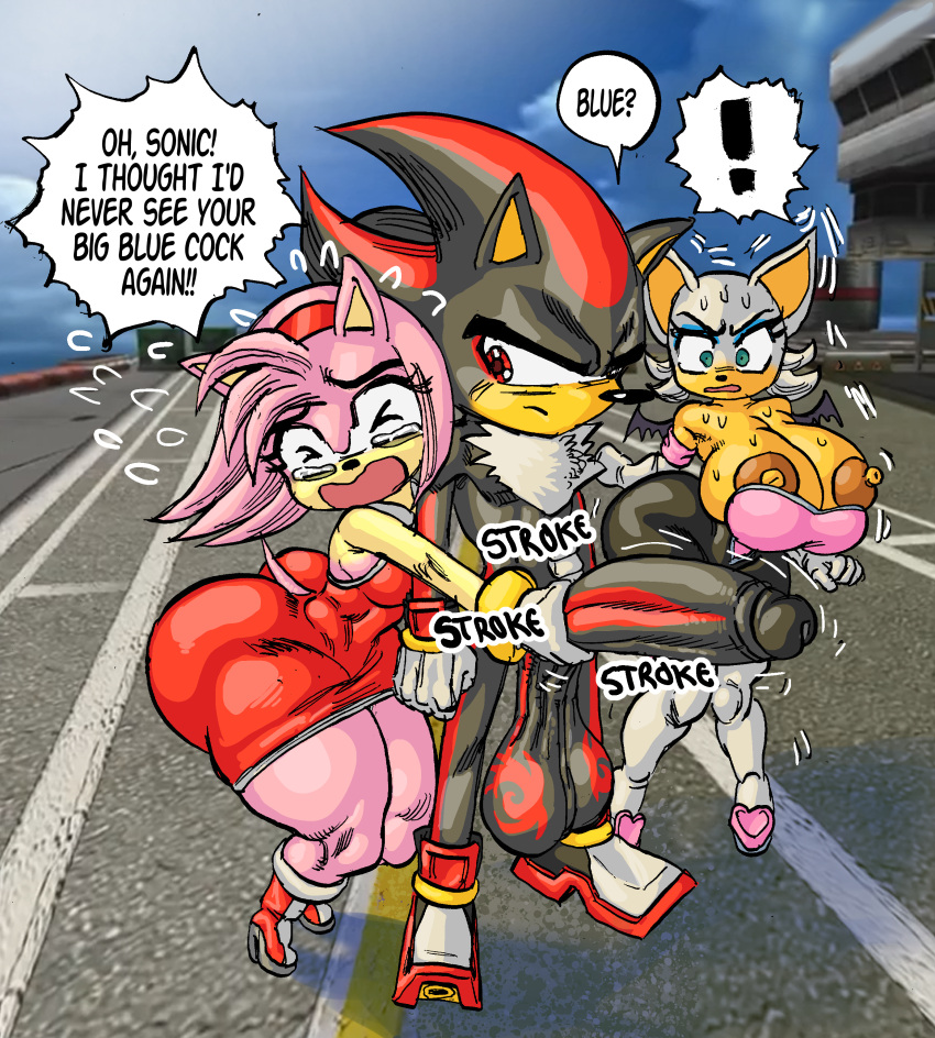 1boy 2girls amy_rose being_watched big_ass big_balls big_breasts big_penis bottom_heavy casual casual_handjob erect_nipples exposed_torso footwear goudadunn grabbing_from_behind grabbing_penis handjob handwear hi_res huge_ass huge_balls huge_cock marsupial public public_nudity rouge_the_bat sagging_balls shadow_the_hedgehog shortstack sonic_(series) sweat tears wardrobe_malfunction