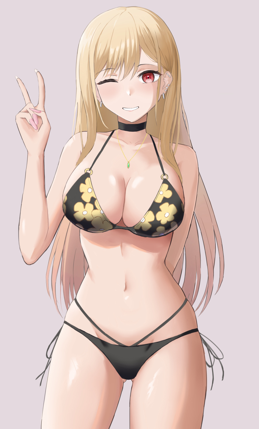 1girls ;) absurdres alternate_costume arm_behind_back ass_visible_through_thighs bad_id bad_pixiv_id bikini black_bikini black_choker blonde_hair breasts choker collarbone commentary cowboy_shot ear_piercing earrings female female_only fingernails floral_print grin gyaru hair_behind_ear halterneck hand_up highres hoop_earrings jewelry kitagawa_marin large_breasts light-skinned_female light_skin long_fingernails multi-strapped_bikini navel o-ring o-ring_bikini o-ring_top one_eye_closed pendant piercing pink_nails print_bikini red_eyes rk_(cc15915r) shiny_skin side-tie_bikini_bottom simple_background smile solo sono_bisque_doll_wa_koi_wo_suru standing stud_earrings swimsuit v