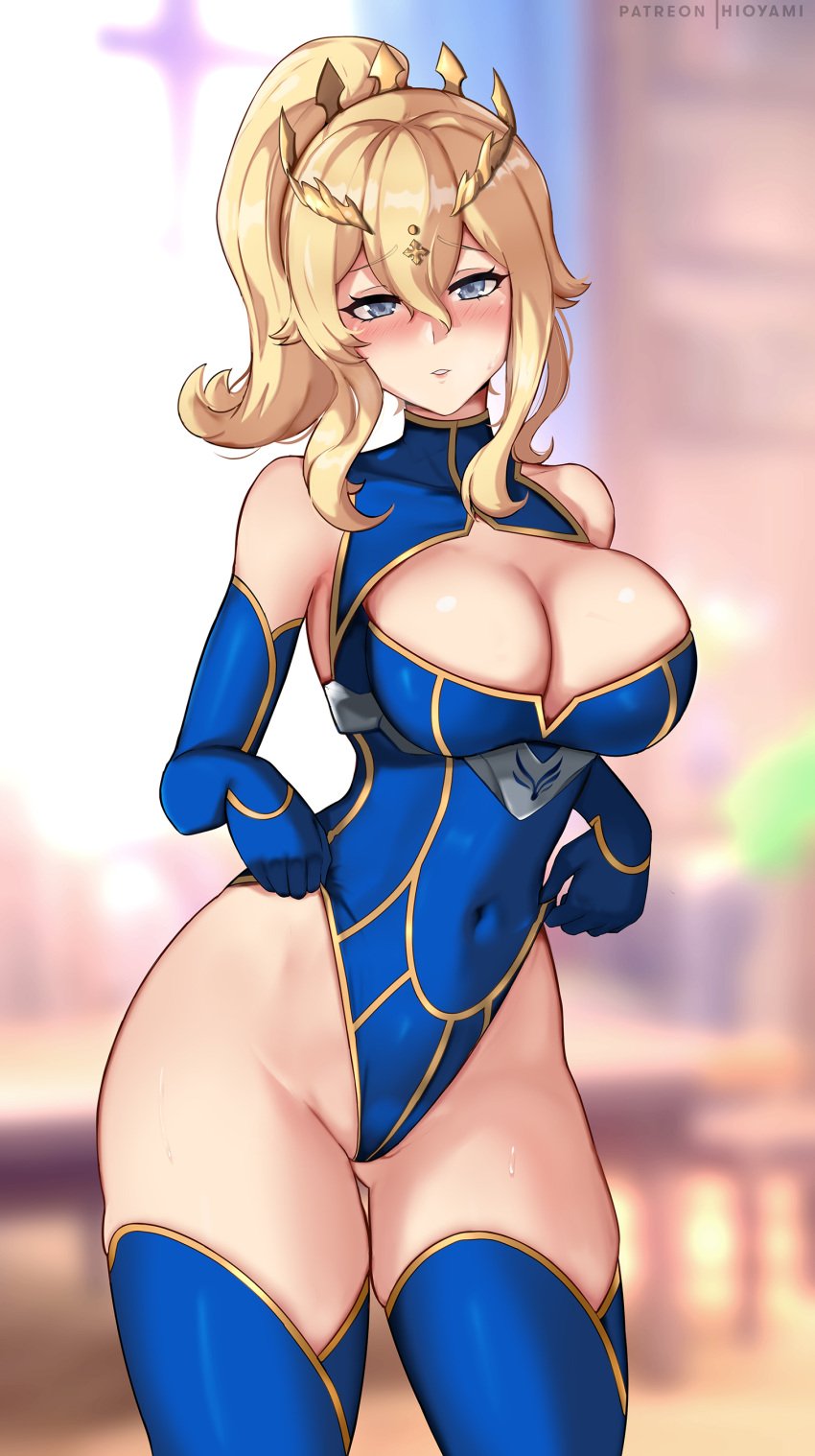 1girls 2022 adjusting_clothes artist_signature artoria_pendragon_(lancer)_(cosplay) belly_button blonde_hair blue_eyes blue_leotard blurry_background blush breasts cleavage cleavage_cutout cleavage_window crossover crown fate/grand_order fate_(series) female female_only genshin_impact hi_res highleg_leotard hioyami hips huge_breasts jean_gunnhildr leotard leotard_pull long_gloves outfit_swap patreon_username ponytail slim_waist thick_thighs thighhighs thighs wide_hips