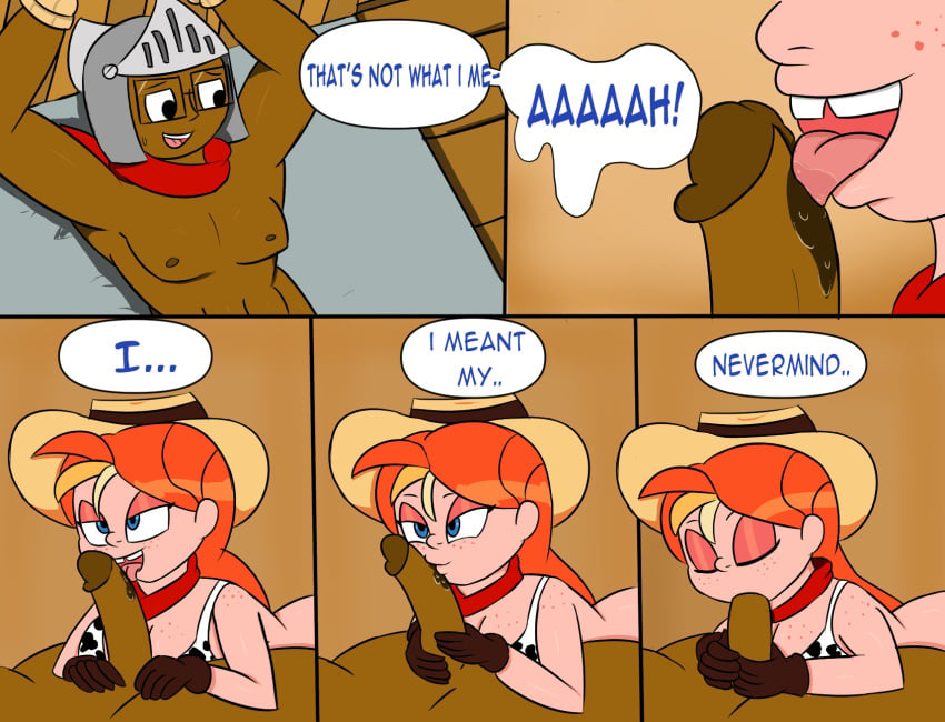 atomickingboo blowjob comic comic_page cowgirl dark-skinned_male female interracial kissing_penis knight knightofburgers licking_penis male penis red_hair rudy_roundup