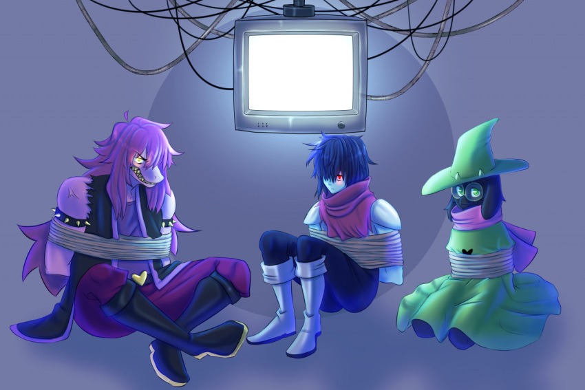 anthro bondage deltarune femsub glaring hat kneeling kris_(deltarune) long_hair malesub ralsei susie_(deltarune) tomatson