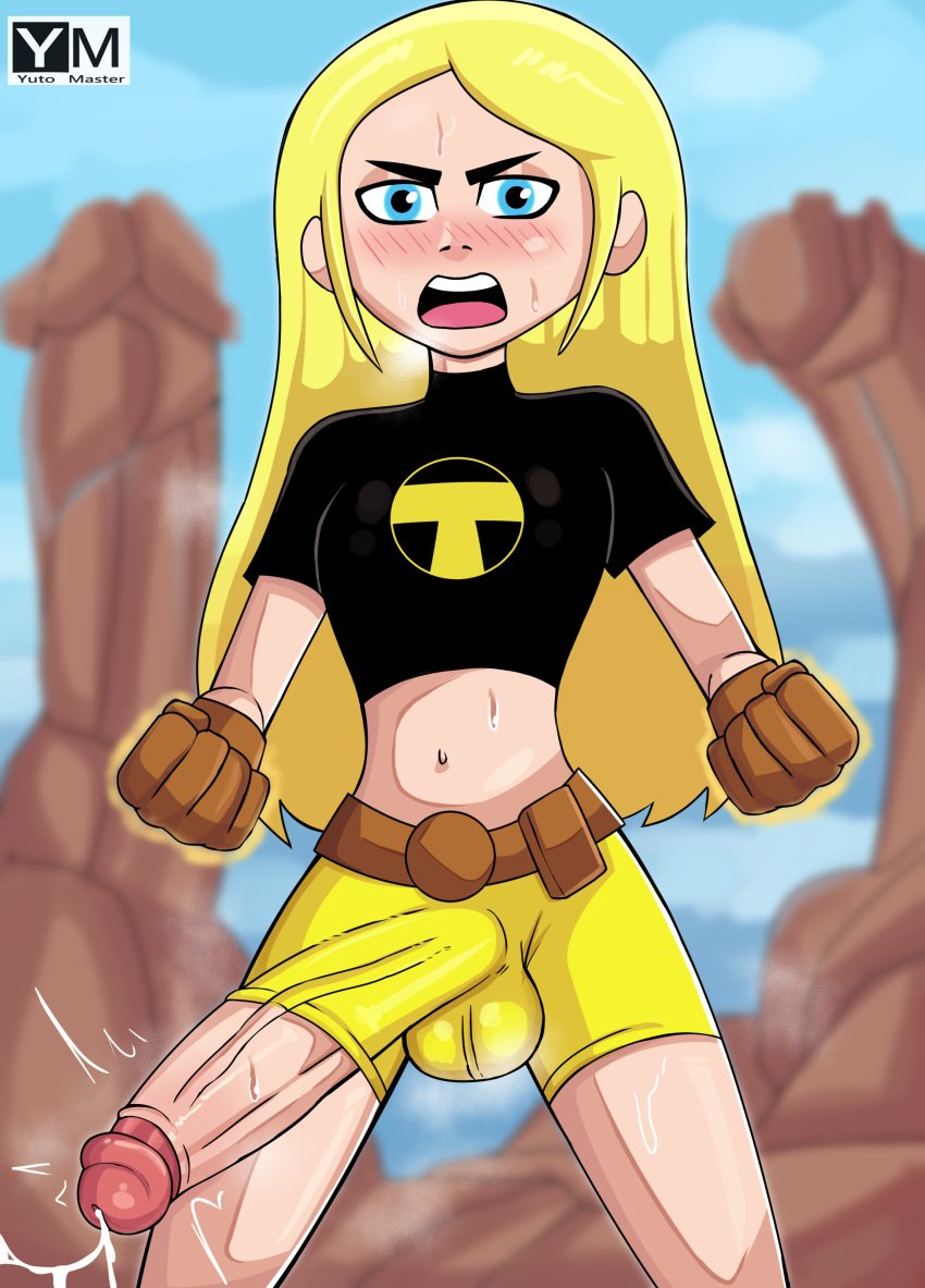 2022 belt big_penis blonde_hair blue_eyes blush cartoon_network costume dc dickgirl erection_under_clothes futa_only futanari glans handwear human large_penis long_hair open_mouth pale_skin penis penis_out penis_through_leghole precum retracted_foreskin simple_background solo_futa standing sweat tara_markov teen_titans teen_titans_go terra terra_(dc) villain yutomaster