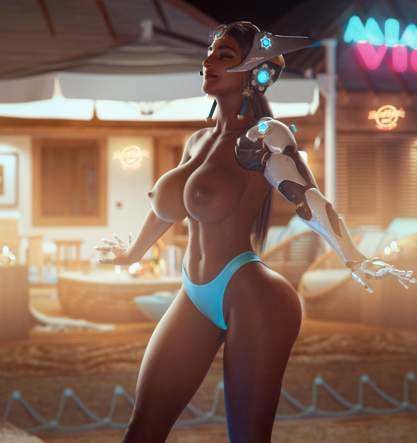 1girls 3d alternate_breast_size black_hair blizzard_entertainment dark-skinned_female female female_only french_nails indian indian_female large_breasts lipstick looking_at_viewer makeup nipples noahgraphicz nose_piercing overwatch panties_only png smiling solo symmetra