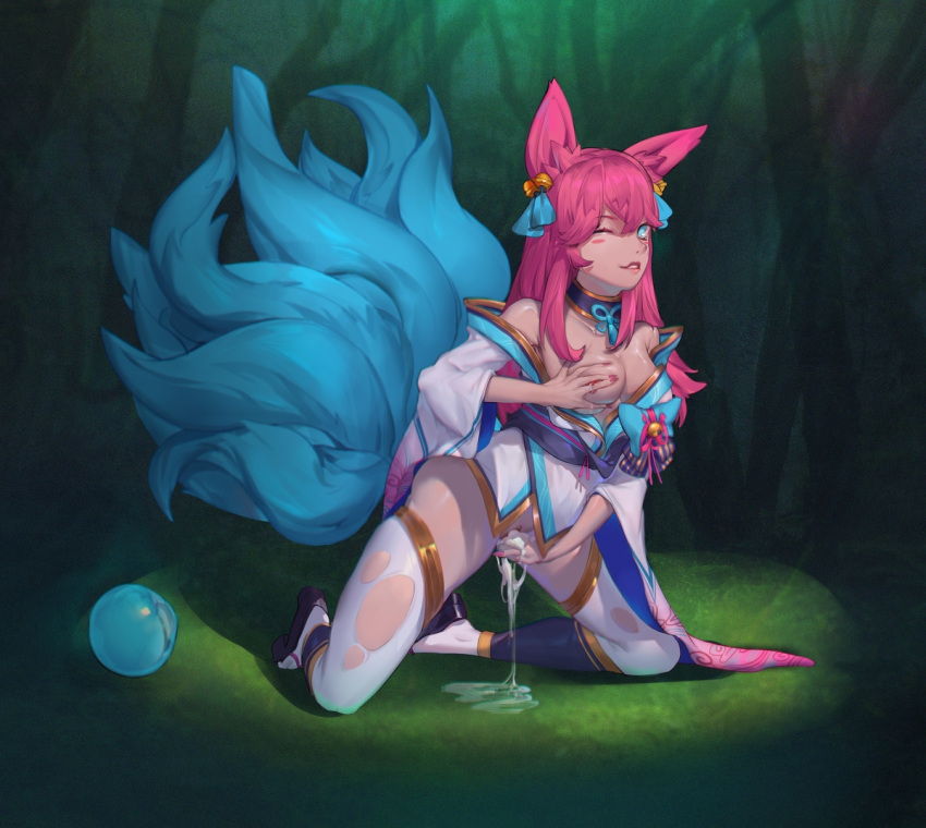 9_tails ahri alternate_costume alternate_eye_color alternate_hair_color alternate_hairstyle animal_ear_fluff animal_ears animal_girl animal_humanoid bangs bare_shoulders bell big_breasts blue_eyes bodily_fluids breasts choker cleavage clothing cum cum_in_pussy curvy curvy_body curvy_female eyelashes eyeliner eyeshadow facial_markings female fondling fondling_breast forest fox fox_ears fox_girl fox_humanoid fox_tail fox_tails fur furry_ears furry_tail genital_fluids glistening hair_ornament hair_ribbon hourglass_figure humanoid japanese_clothes kemonomimi kimono kitsune kitsunemimi kneeling league_of_legends light-skined_female light_skin long_hair looking_at_viewer masturbating masturbation mornali multi_tail multiple_tails nature nine_tailed_fox orb pale-skinned_female pale_skin pink_hair pussy pussy_juice pussy_juice_drip pussy_juice_puddle riot_games ripped_clothing robe smile smiling spirit_blossom_ahri spirit_blossom_series tail thick_cum thigh_highs vagina vastaya video_games wink winking winking_at_viewer