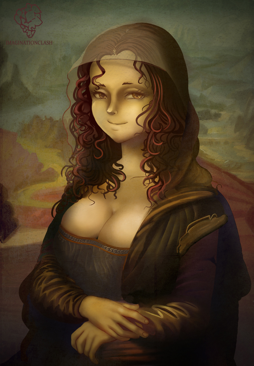 background brown_hair cleavage crovoic eyebrows fine_art_parody large_breasts looking_at_viewer mona_lisa painting public_domain smile yellow_eyes