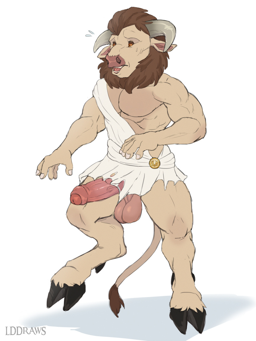 absurd_res anthro aroused balls big_penis bovid bovine cattle clothing erection european_mythology foreskin genitals greek_mythology hi_res hooves humanoid kurnak lddraws male male_only mammal minotaur muscular muscular_male mythology panic penis solo toga wardrobe_malfunction