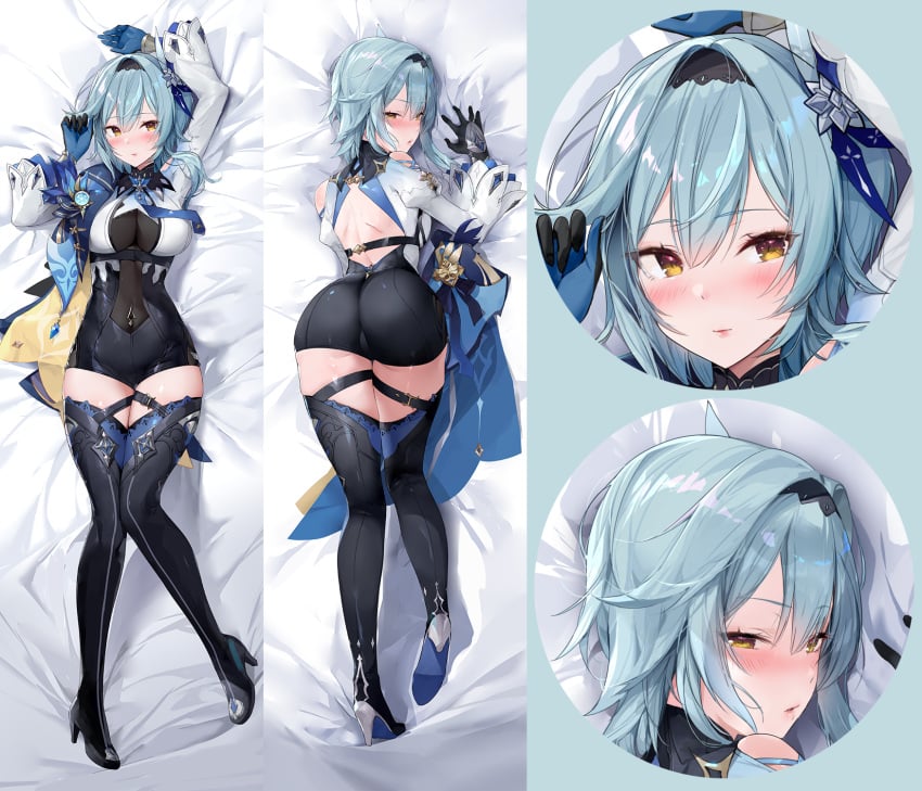 blue_hair daefny dakimakura dakimakura_design eula_(genshin_impact) genshin_impact lying lying_on_bed