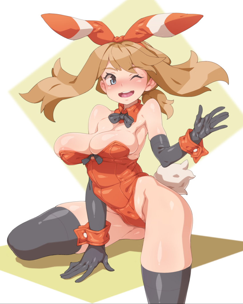 areolae big_breasts blue_eyes bow bowtie breasts brown_hair bunny_outfit cleavage elbow_gloves female female_only gloves hairband highres large_breasts latex latex_gloves may_(pokemon) may_(pokemon_oras) one_eye_closed open_mouth pokemon pokemon_oras red_hairband smile solo teeth tenako_(mugu77) thighhighs