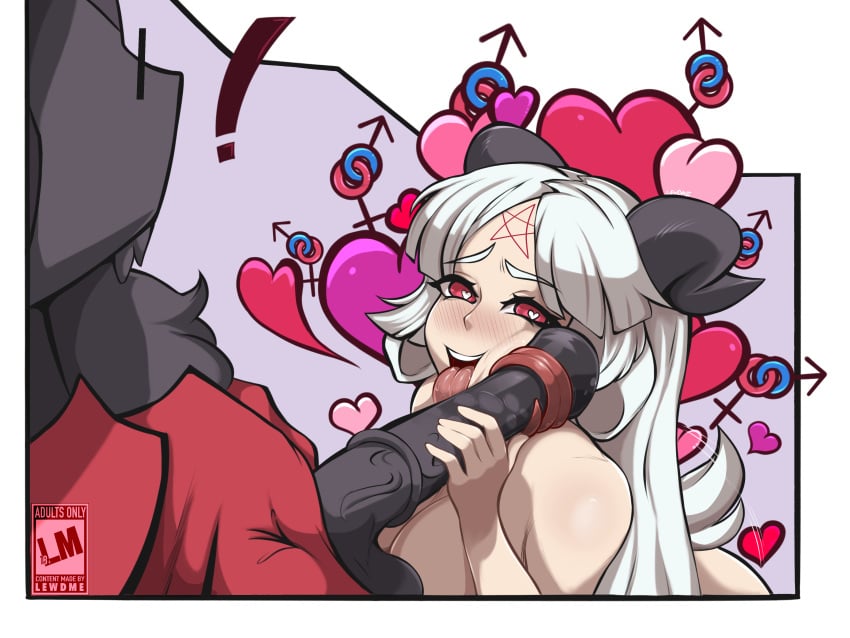 animal_penis baphomet_(grizz) blunt_bangs demon_girl fellatio furry goat_girl heart-shaped_pupils helltaker helltaker_(character) horsecock human_on_anthro lewdme licking_penis long_tongue oral oral_sex red_eyes tongue_wrap white_hair