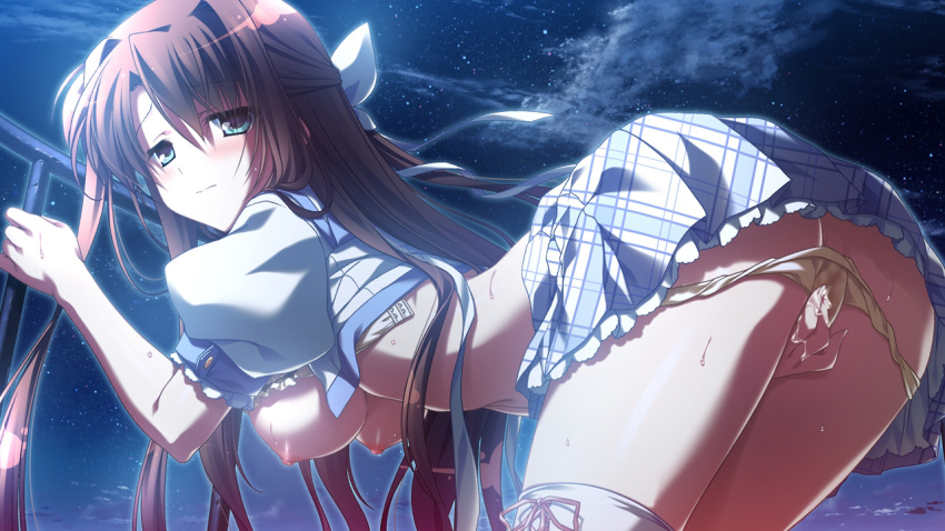 aqua_eyes arched_back areolae bent_over blush breasts brown_hair female fingering game_cg glowing hand_between_legs long_hair masturbation natsuzora_no_perseus night nipples open_clothes outdoors panties sawatari_tohka short_sleeves shouna_mitsuishi skirt sky solo star_(sky) starry_sky sweat takasaki_mako thighhighs underwear white_legwear yellow_panties