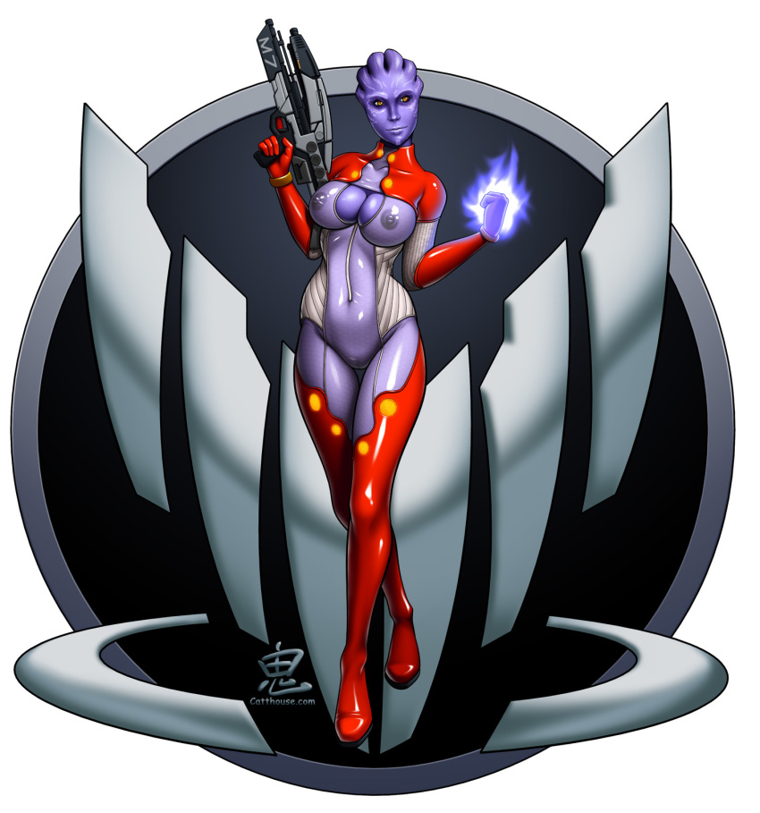 1girls alien alien_girl asari big_breasts blush breasts cameltoe catthouse_studios cleavage cleavage_cutout collarbone curvy female female_only gun head_crest hourglass_figure humanoid jumpsuit labia mass_effect navel nipples_visible_through_clothing no_humans oni_(artist) purple_nipples purple_skin red_clothing smirk solo tevos yellow_eyes