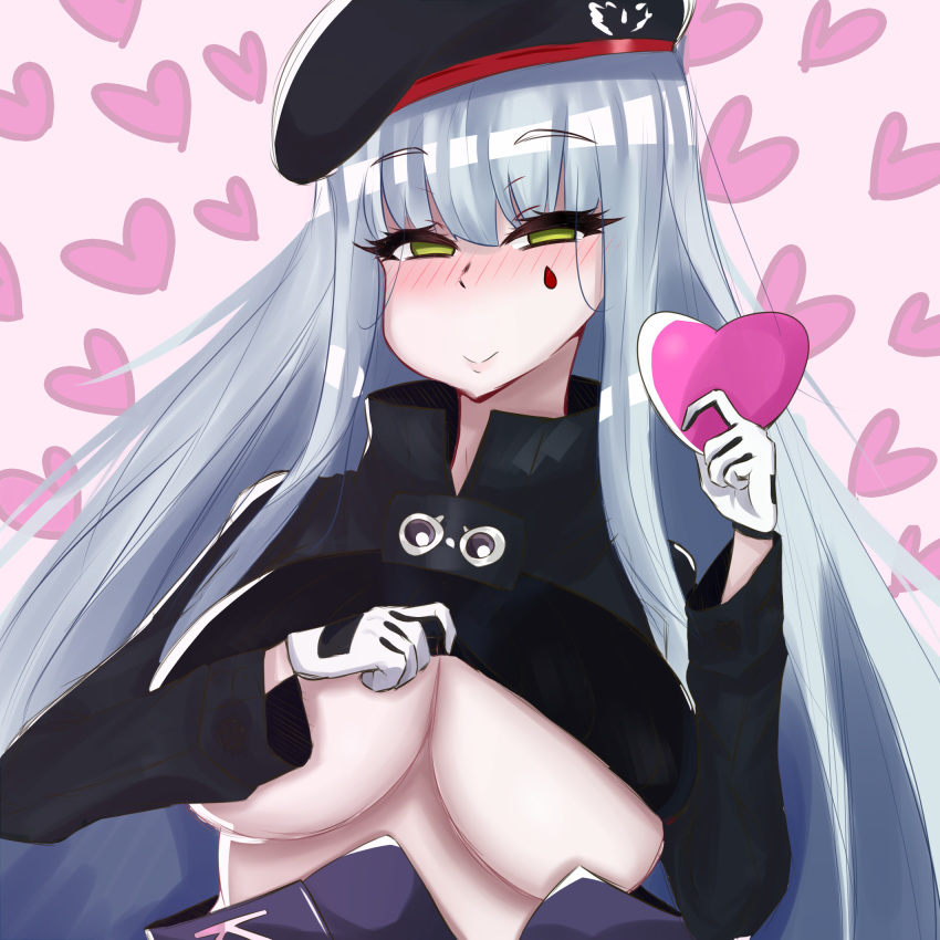 assault_rifle bangs blush box breasts cleavage closed_mouth eyebrows_visible_through_hair facing_viewer female gift girls'_frontline gloves gun h&k_hk416 happy_valentine heart heart-shaped_box highres hk416_(girls'_frontline) holding holding_gift impossible_clothes impossible_shirt jacket large_breasts long_hair looking_at_viewer rifle shirt simple_background smile solo underboob valentine weapon