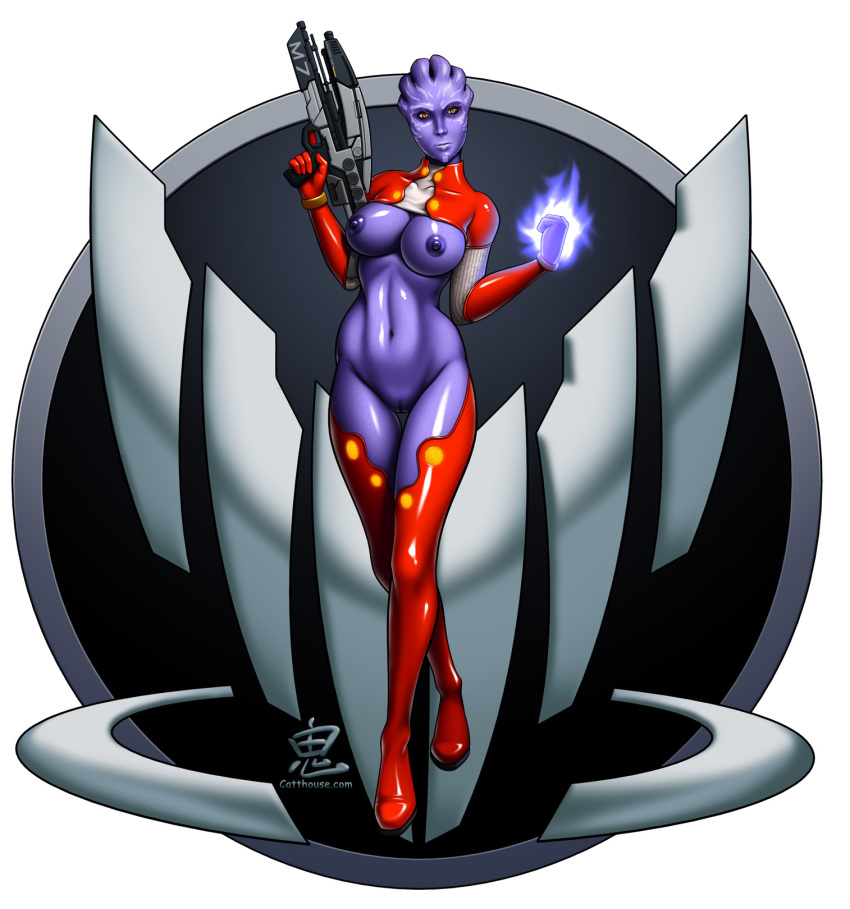 1girls alien alien_girl asari big_breasts breasts catthouse_studios collarbone curvy exposed_breasts exposed_pussy female female_only gun head_crest hourglass_figure humanoid jumpsuit labia mass_effect mostly_clothed navel oni_(artist) purple_nipples purple_skin red_clothing smirk solo tevos thigh_boots thigh_gap thighhighs vulva yellow_eyes