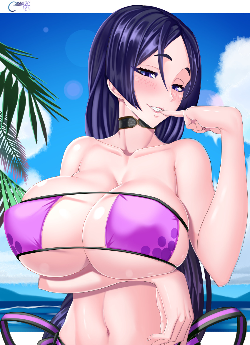 1girls big_breasts bikini bikini_top blush breasts castell eyepatch_bikini fate/grand_order fate_(series) female female_only huge_breasts looking_at_viewer mature_female milf minamoto_no_raikou_(fate/grand_order) purple_bikini purple_eyes purple_hair smile solo teeth