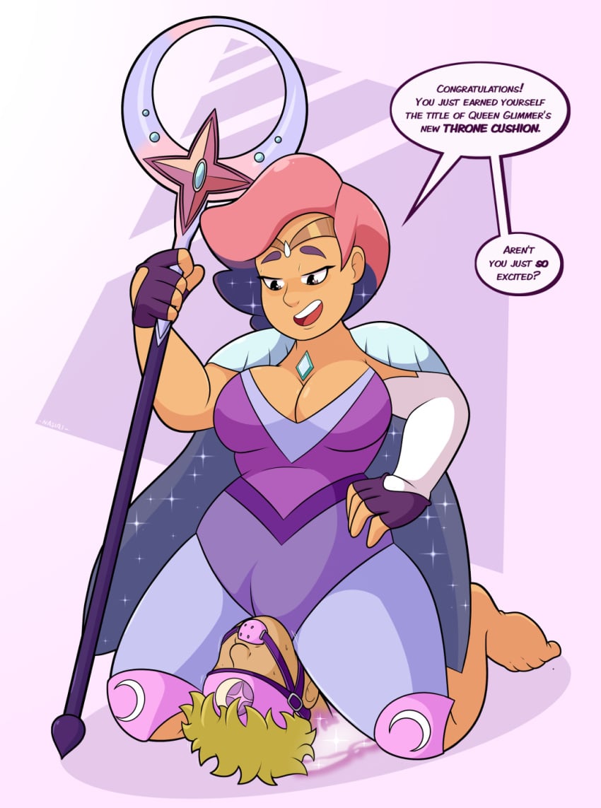 ball_gag barefoot big_breasts blindfold bondage cape facesitting femdom fingerless_gloves glimmer_(she-ra) kneepads nasiri_(artist) pink_eyes pink_hair portal she-ra_and_the_princesses_of_power spear speech_bubble straight text tiara