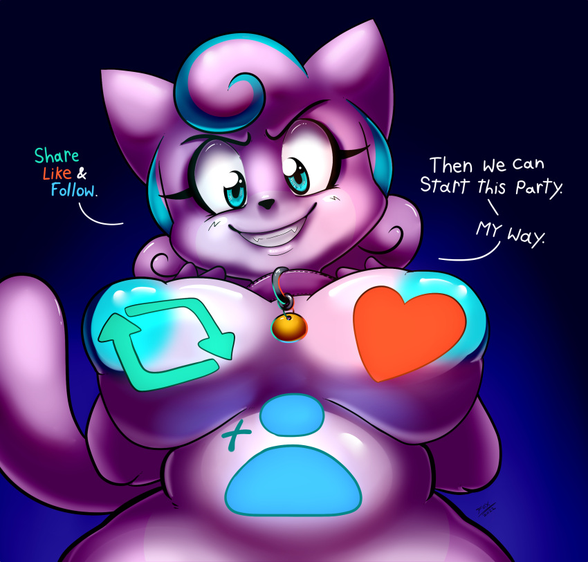 anthro bell bell_collar belly big_breasts breasts collar cotton_(f0xb0y) domestic_cat english_text f0xb0y01 felid feline felis female gradient_background grin heart hi_res huge_breasts looking_at_viewer low-angle_view mammal nude simple_background smile solo symbol text