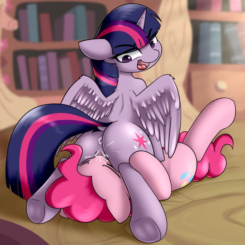 absurd_res alicorn anus ass bodily_fluids book cunnilingus cutie_mark duo earth_pony equid equine feathered_wings feathers female female/female feral friendship_is_magic genital_fluids hair hasbro hi_res horn horse lying mammal my_little_pony open_mouth oral pink_body pink_hair pinkie_pie_(mlp) pony purple_body purple_eyes purple_hair pussy_juice sex smile snout_fuck tongue twilight_sparkle_(mlp) vaginal_penetration vipy wings