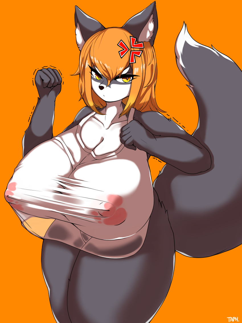 absurd_res anthro areola big_breasts breasts canid canine clothed clothing female fox fur hair hi_res looking_at_viewer mammal nipples solo taphris