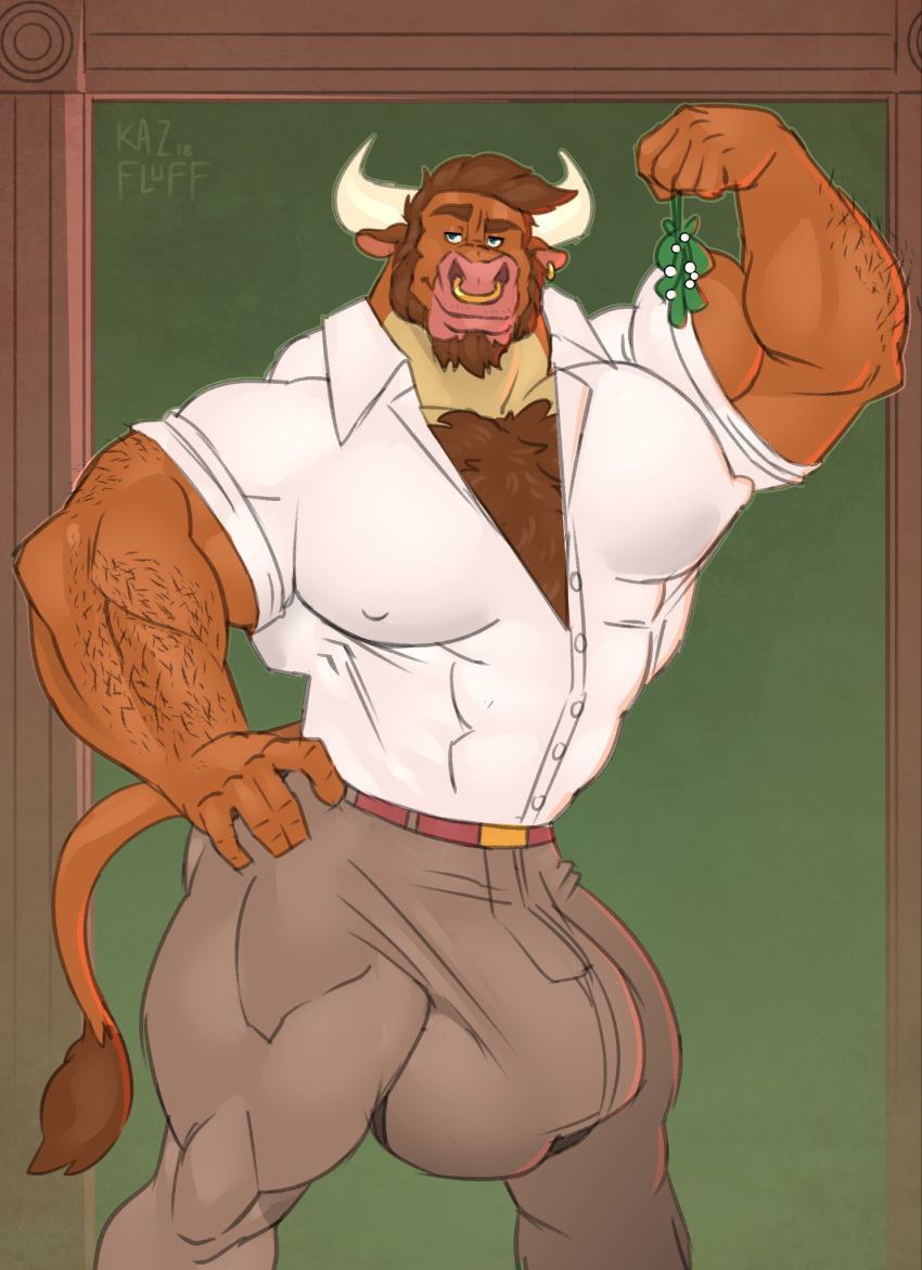 2018 5_fingers anthro arm_hair barazoku beard belt big_bulge big_muscles blue_eyes body_hair bottomwear bovid bovine brown_body brown_fur brown_hair bulge cattle chest_hair clothed clothing diesel_(komatose) dress_shirt ear_piercing ear_ring facial_hair facial_piercing fingers fur hair hand_on_hip hi_res horn huge_bulge huge_muscles humanoid_hands hyper hyper_bulge kazushi looking_at_viewer male mammal mistletoe muscular muscular_anthro muscular_male nose_piercing nose_ring open_clothing open_shirt open_topwear pants piercing pink_nose plant shirt solo standing tight_clothing topwear white_horn