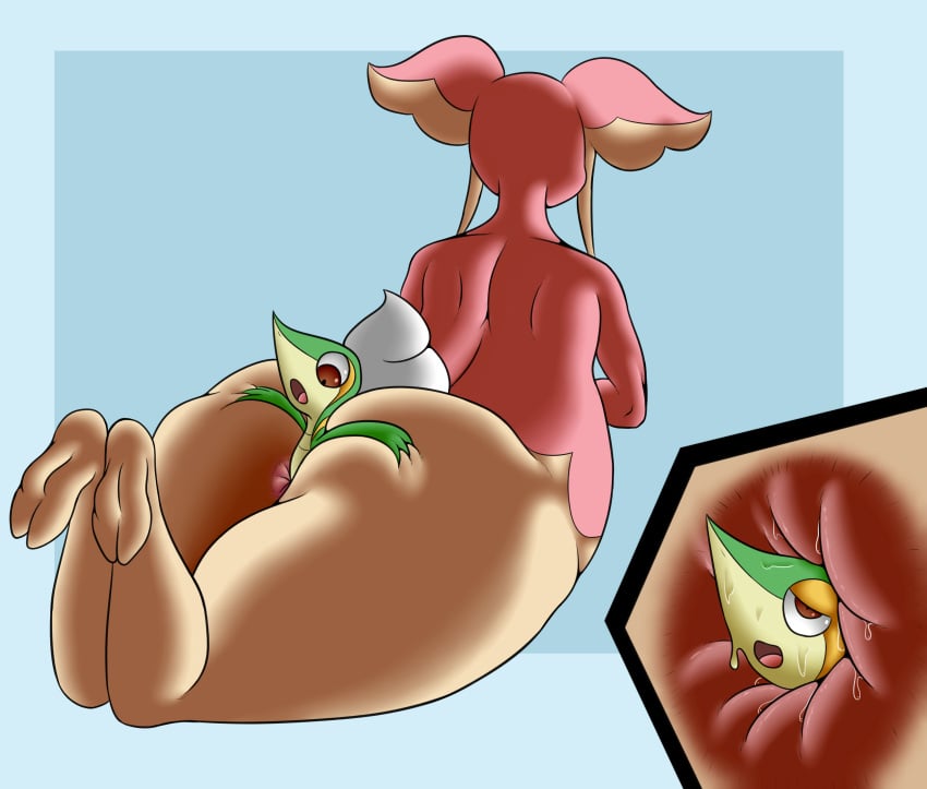 ambiguous_gender anal_vore audino behind_view big_butt brown_eyes close_up infiniteshades laying_down laying_on_belly pokemon pokemon_(species) snivy sweat sweaty tail trapped vore