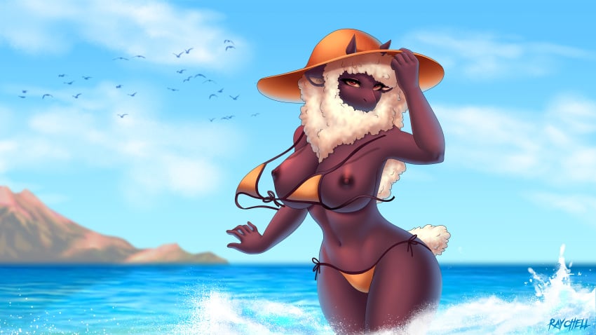 16:9 5_fingers absurd_res anthro beach big_breasts bikini black_body black_fur bovid breasts caprine clothed clothing curvy_figure female fingers fur hat headgear headwear hi_res horn looking_at_viewer mammal markings mole_(marking) mostly_nude mouthless orange_clothing orange_swimwear raychell sea seaside sheep solo summer swimwear topless torn_clothing water were werecaprine weresheep widescreen wool_(fur) xalda_(future_ver.)