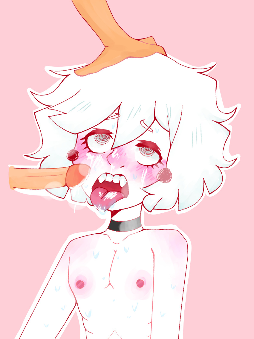 blushing blushing_profusely choker christopher_pierre cock cum cum_on_face fellatio femboy ghost_and_pals oral pink_background submissive submissive_male the_distortionist white_hair white_skin