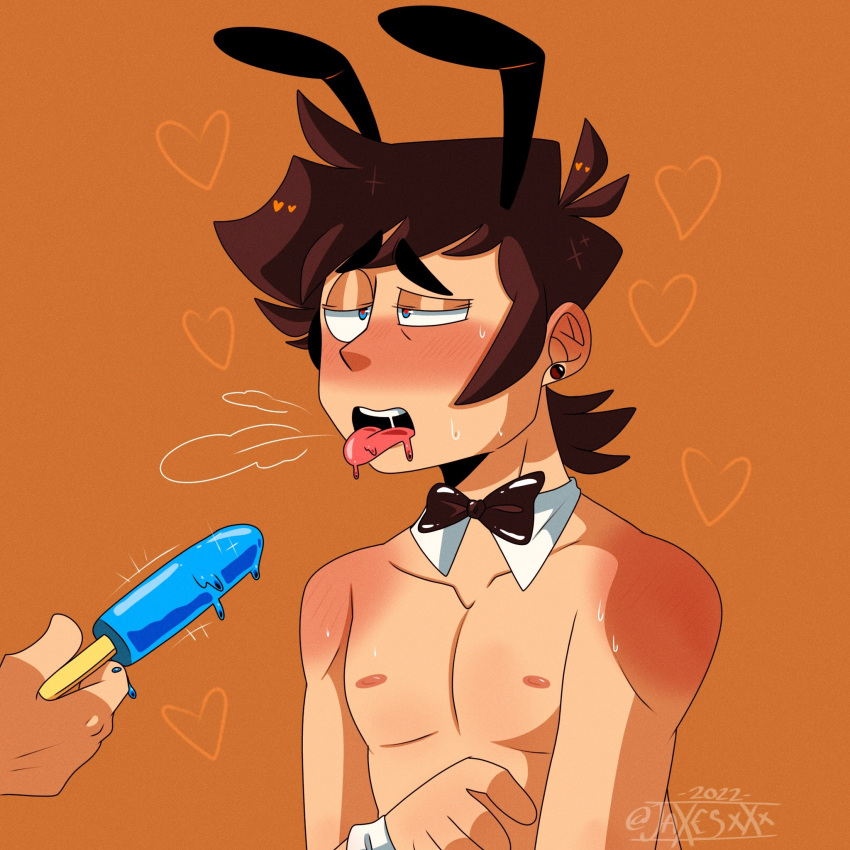 1boy ahe_gao ahegao areolae black_hair blue_eyes blush bowtie bunny_ears bunnysuit disembodied_hand ear_piercing earrings ears eltrollino gay heart jaxesxxx light-skinned_male light_skin lingerie los_compas male male_only mcyt melting nipples pecs saliva short_hair watermark white_body white_skin yaoi youtube youtube_hispanic youtuber