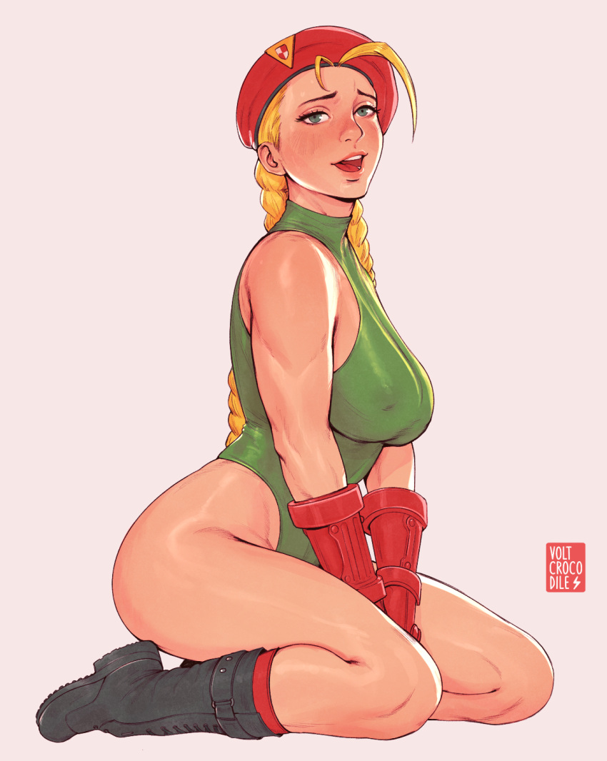 1girls antenna_hair beret blonde_hair blue_eyes blush boots braid braided_hair braided_twintails breasts british cammy_white capcom clothed covered_nipples european female female_only full_body green_eyes green_leotard hands_between_legs hat highleg_leotard highres kneeling large_breasts leotard light-skinned_female lips long_hair long_twintails looking_at_viewer muscular_female nipples_visible_through_clothing open_mouth petite plain_background scar seductive_look smile socks solo street_fighter street_fighter_ii twin_braids twintails upper_teeth volt_crocodile white_background