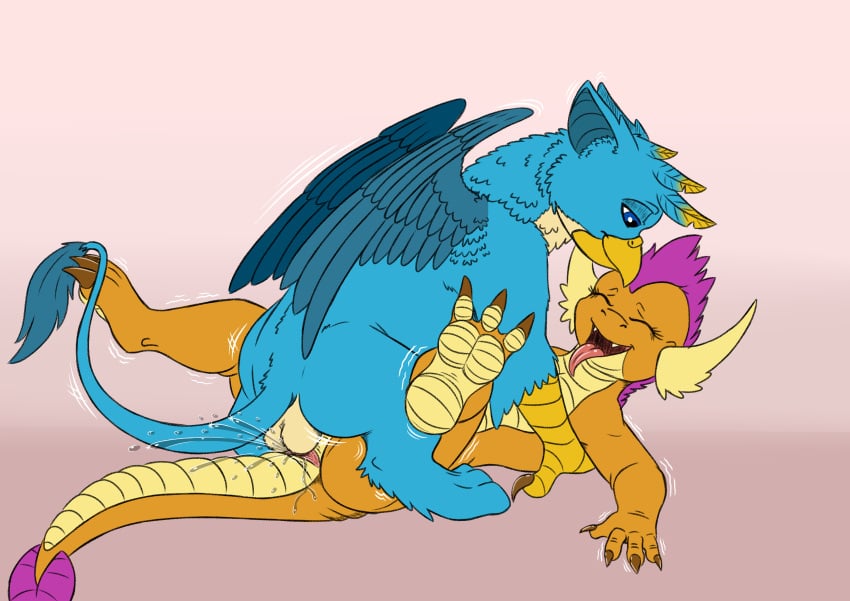 3_toes 4_fingers absurd_res anthro anthro_on_feral anthro_penetrated avian blue_body blue_eyes blue_feathers bodily_fluids claws dragon exelzior fangs feathers feet female feral feral_penetrating feral_penetrating_anthro fingers friendship_is_magic gallus_(mlp) genital_fluids gryphon happy happy_sex hasbro hi_res long_tail male male/female my_little_pony mythological_avian mythology orange_body penetration pussy_juice scalie sex slit smile smolder_(mlp) toe_claws toes tongue tongue_out wings zoophilia