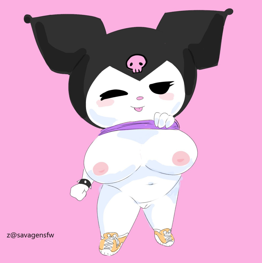 2022 black_hood black_hoodie blushing blushing_at_viewer breasts female female_only kuromi one_eye_closed onegai_my_melody pink_nose pussy sanrio savagensfw shoes showing_breasts showing_pussy solo tagme tongue tongue_out tongue_sticking_out