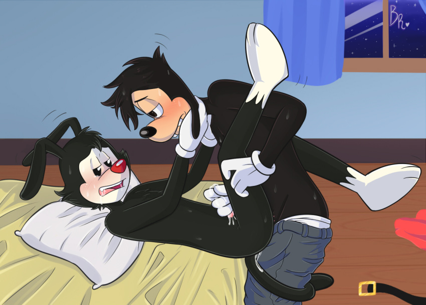 2boys anal anal_sex animaniacs bedroom belt blue_rainbow blush blushing clothed_sex crackship crossover cum disney dog fuckboy gay gloves goof_troop half-closed_eyes half-dressed handjob inkblot male/male max_goof motion_lines nude nude_male open_mouth penetration penile_penetration penis pillow sex ship sweat tail yakko_warner yaoi