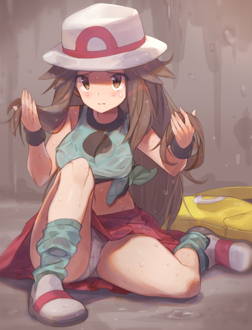 bag clothing female footwear game_freak headwear hi_res high_resolution highres human leaf_(pokemon) nintendo pale_skin panties pantsu pantyshot pantyshot_(kneeling) pokeharlot pokemon pokemon_(game) pokemon_frlg pokemon_lgpe spring2013 tagme wet wet_clothes wristwear