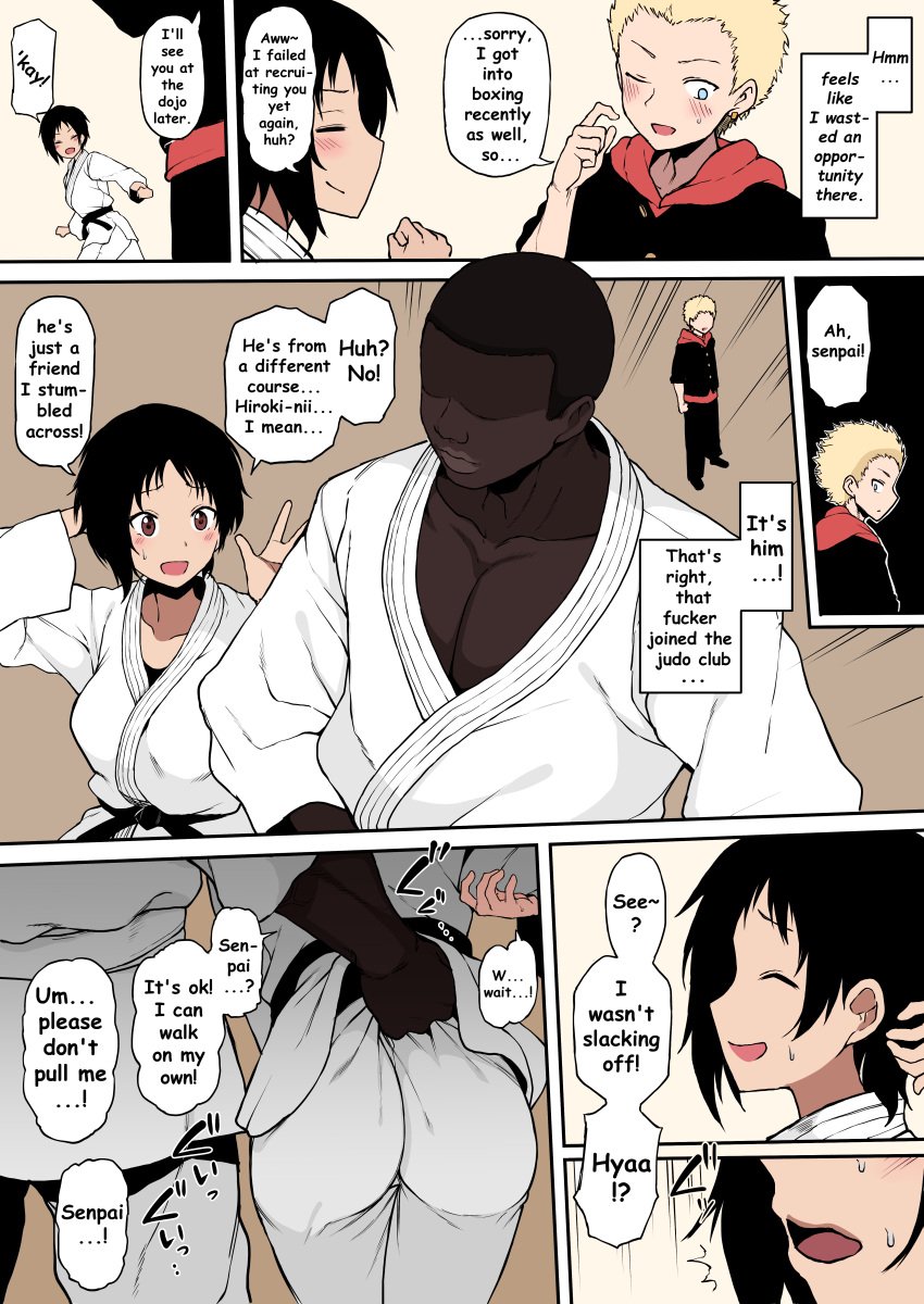 1girls 2boys ass_grab blonde_hair dark-skinned_male english_text faceless_male hard_translated highres hiroki_(terasu_mc) interracial kokujin_no_tenkousei_ni_ane_o_ntr-ru netorare queen_of_spades shiina_ayumu_(terasu_mc) short_hair smorgborg terasu_mc tomboy translated