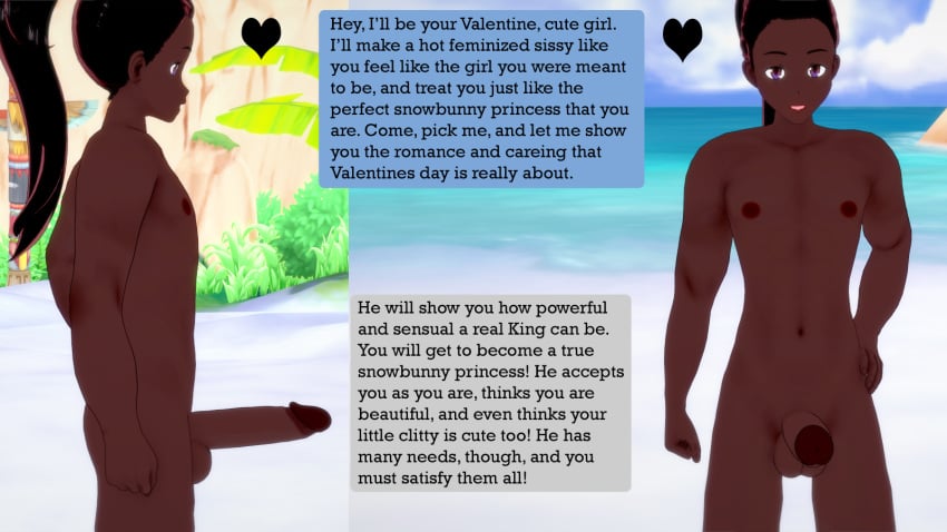 1boy 1male 3d 3d_(artwork) beach big_balls big_penis black_hair dark-skinned_male dark_skin english_text eyebrows hi_res highres looking_at_viewer mentally_melted mentallymelted muscular muscular_male ponytail purple_eyes sissy solo_focus tagme text text_box