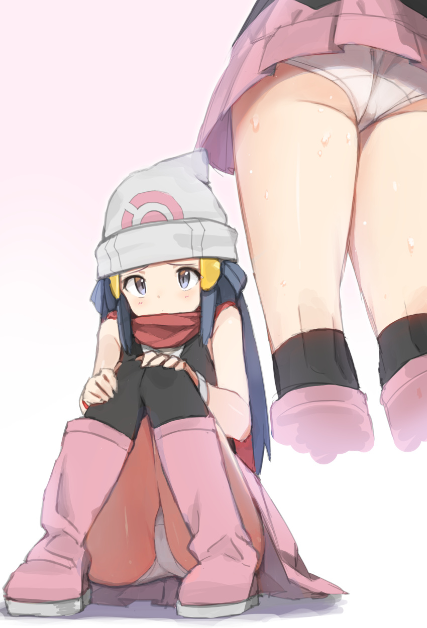 1girls clothing dawn_(pokemon) female footwear game_freak headwear hi_res high_resolution highres human nintendo pale_skin panties pantsu pantyshot pantyshot_(sitting) pantyshot_(standing) pokemon pokemon_(game) pokemon_dppt simple_background solo spring2013 tagme