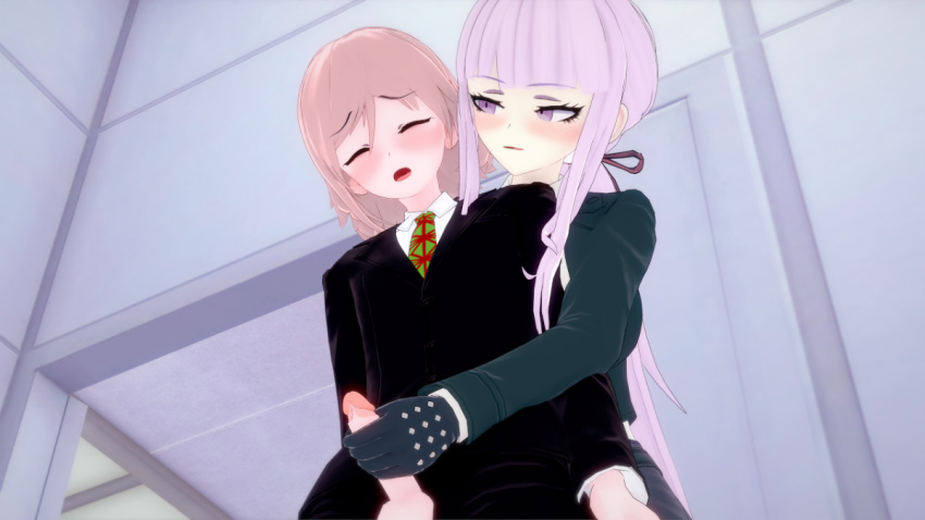 1boy 1boy1girl 1girls 2021 3d bangs black_suit blush closed_eyes danganronpa detailed_background erect_penis erection female gloves hair_ribbon hand_on_penis kirigiri_kyouko light_brown_hair light_purple_hair light_skin looking_at_another male masturbation mitarai_ryota penis pixiv purple_eyes respectmanworld short_hair straight_hair suit tie