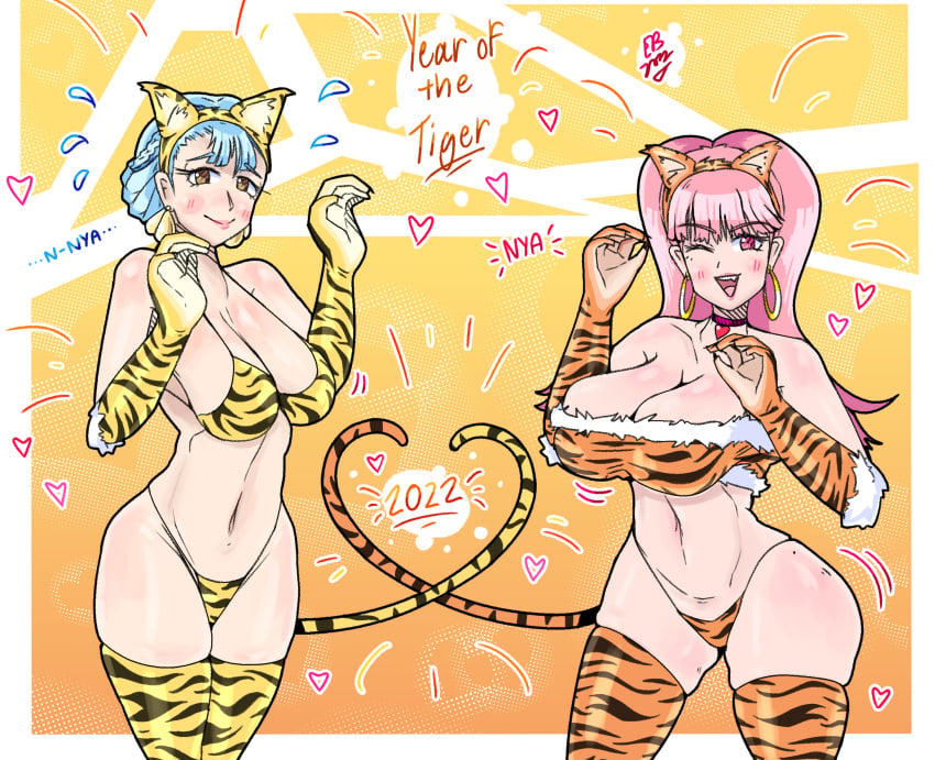 2girls ;d alternate_version_available bandeau bangs bare_shoulders bare_thighs bikini blue_hair breasts brown_eyes choker cleavage earrings easybee elbow_gloves english_text female_only fire_emblem fire_emblem:_three_houses gloves heart heart_tail hilda_valentine_goneril large_breasts long_hair looking_at_viewer marianne_von_edmund medium_breasts multiple_girls nintendo one_eye_closed open_mouth orange_panties panties pink_eyes pink_hair ponytail short_hair smile text thick_thighs thighhighs thighs tiger_girl tiger_print wink year_of_the_tiger yellow_panties