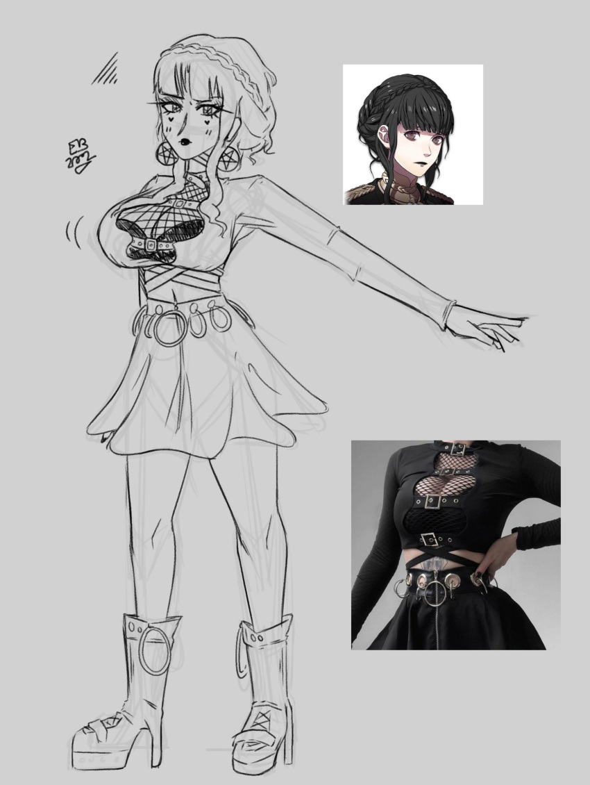 1girls alternate_costume black_hair black_lips black_lipstick boots breasts brown_eyes cleavage easybee female_only fire_emblem fire_emblem:_three_houses fishnets goth high_heels lipstick looking_at_viewer makeup marianne_von_edmund medium_breasts nintendo short_hair sketch skirt solo