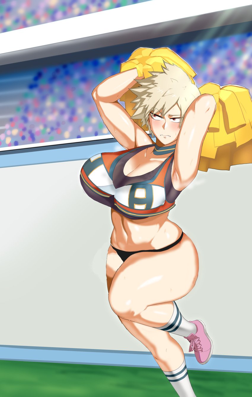 1girls 2d_(artwork) alternate_costume black_panties black_thong blonde_hair blurry_background blush breasts cheerleader_uniform curvaceous curves curvy curvy_figure edit embarrassed hi_res huge_breasts human impossible_clothes large_breasts linkxs looking_at_viewer looking_away mature mature_female milf mitsuki_bakugou my_hero_academia no_skirt outdoors outside panties pom_poms revealing_clothes spiky_hair stadium_background standing thick_thighs thong wide_hips