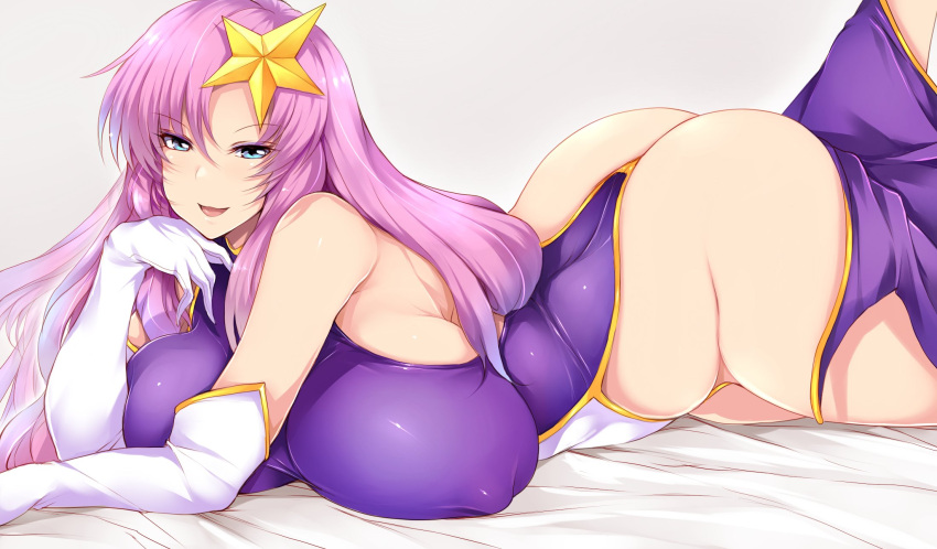 1girls 2022 ass big_breasts blue_eyes blush breasts busty female female_only gundam gundam_seed gundam_seed_destiny hair_ornament hi_res highleg_leotard hips huge_breasts large_ass leotard long_hair looking_at_viewer lying lying_on_stomach massive_breasts meer_campbell naughty_face on_stomach pink_hair pose posing simple_background slim_waist smile the_pose thick_thighs thighs tsukasawa_takamatsu voluptuous wedgie wide_hips