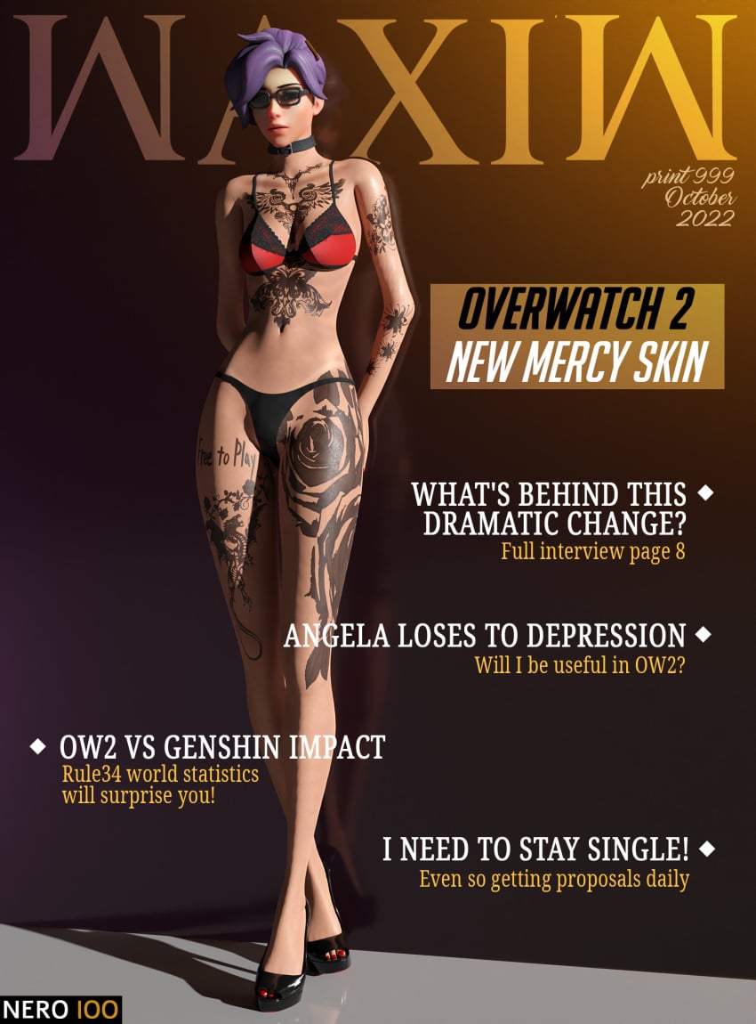 1girls 3d angela_ziegler ass big_breasts blender blizzard_entertainment bra breasts collar dark_hair female female_only front_page glasses heels hi_res kneel lean legs light_skin lipstick magazine magazine_front_page makeup mercy nails naked nero100 nipples nude nudity open_toe_shoes overwatch overwatch_2 pants pose purple purple_hair solo solo_female suntan tattoo tattoos thighs underwear waxiw