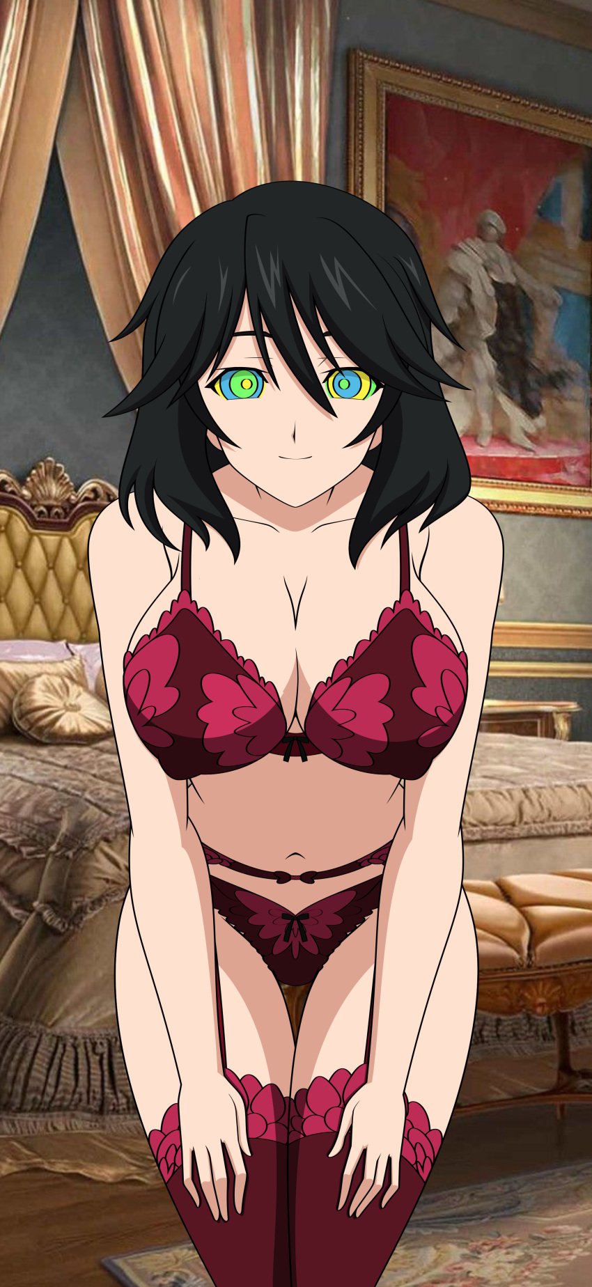 black_hair cleavage female_only hypnosis infinite_stratos jimryu kaa_eyes large_breasts lingerie mind_control orimura_chifuyu smile solo