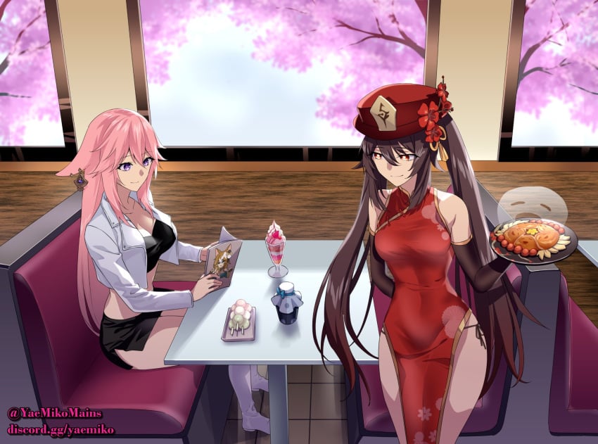 2girls black_panties book breasts brown_hair china_dress chinese_clothes cleavage dango female female_only food fox fox_ears fox_girl genshin_impact ghost hat hu_tao_(genshin_impact) ms_hina_(genshin_impact) panties pink_hair qipao restaurant side-tie_panties sitting skirt table underwear waitress yae_miko